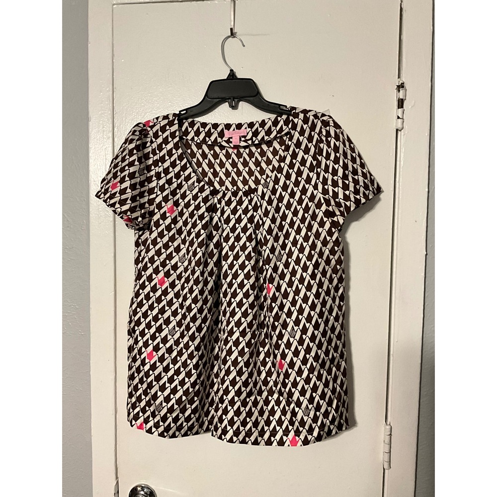 Lilly Pulitzer Silk Blouse Medium Brown Cream Pink Geometric Zigzag Scoop Neck